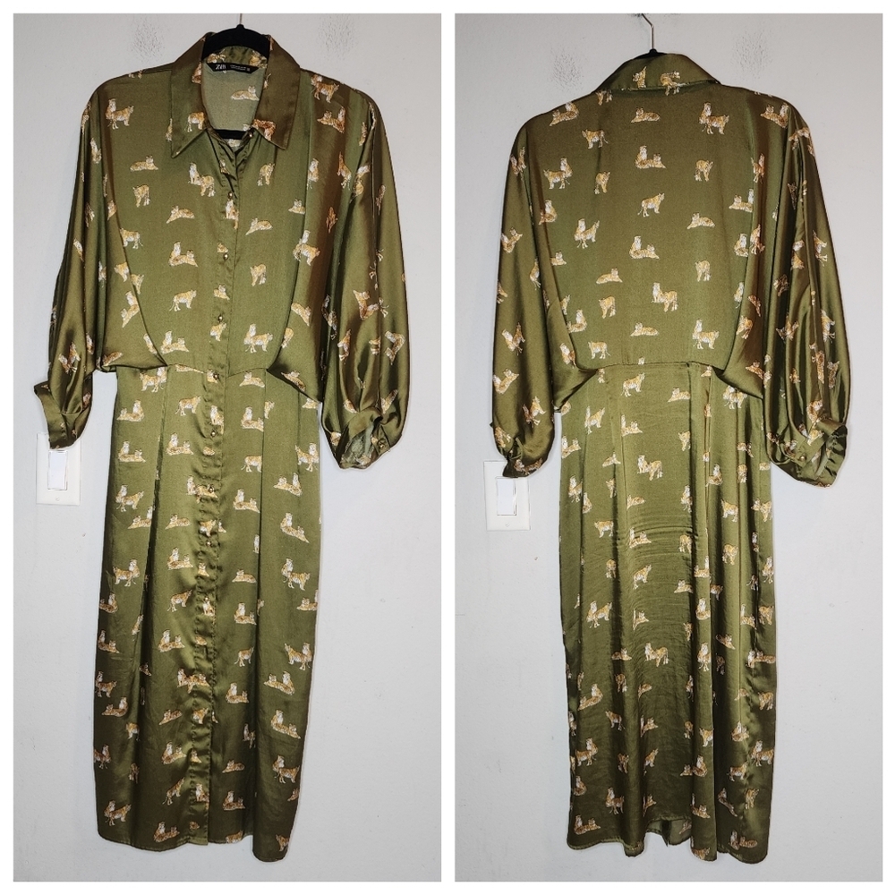 Zara Tiger Printed Green Satin Button Front Balloon Sleeve Pleated Midi Dress. M - Picture 6 of 17